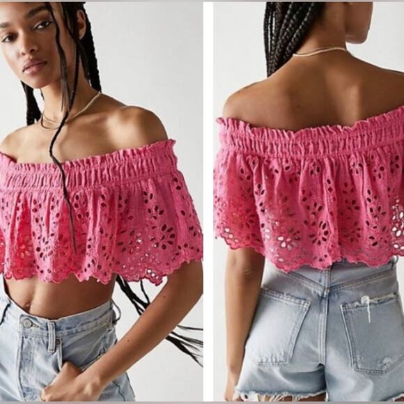 Free People One Perla Pink Eyelet Off Shoulder Blouse Crop Top XS NWOT - Picture 2 of 12